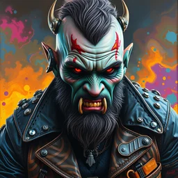 highly detailed oil painting of an apocalyptic scifi orcish biker character by michael whelan, vibrant psychedelic colors, futuristic punk rock fashion, studded leather jacket, face tattoos, 8 k