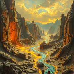 the wealthy sci - fi desert city of melting gold, metallic oil colors on molten gold, by pablo amaringo