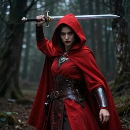 cinematic, fierce red riding hood warrior standing in a dark forest holding a sword in the air, dark, 4k, artstation, highly rendered, octane render, beautiful, inspired by Peter Morhbacher, high resolution