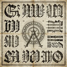 The Elder Scrolls style calligraphy ultra detailed technical precision monumental art composition