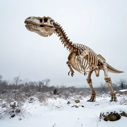 snow landscape with gigantic dinosaur skeleton forming arches