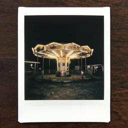 an abandoned amusement park at night, scary, grotesque, old photo, polaroid