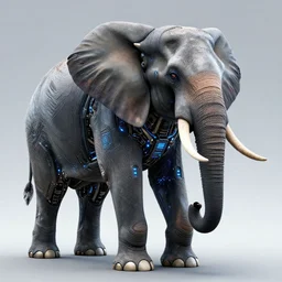 hyper realistic cybertronic elephant. high details of body and face. complex realistic mechanical body. blue led. cyberpunk style, intricate, trending on art station, 8 k render.