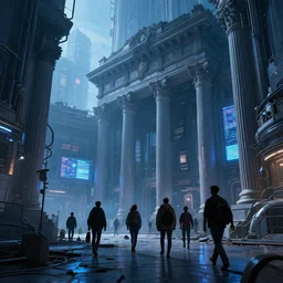 travelers walking through the remnants of a dystopian city, classical architecture, technological lights, screens, cyberpunk style, 8 k resolution, by hugh ferris and john smith and noriyoshi ohrai, polished, fine detail, intricate, blue color scheme, cyberpunk style, smooth, octane, concept art, trending on artstation