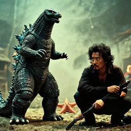 a filmstill of pulgasari, kaiju starfish, monster movie, korean film noir, 1 9 5 0 s thriller, kim jong - il, in the style of rashomon and godzilla
