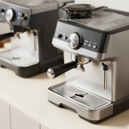 angled views of a coffee machine, octane render, vray, perspective, motion graphics, detailed, editorial illustration, halftone texture, risograph, dynamic pose, matte print, grainy light, ( ( dither ) ). [ abstract background! ], high contrast, silver + red + black + beige, screen print