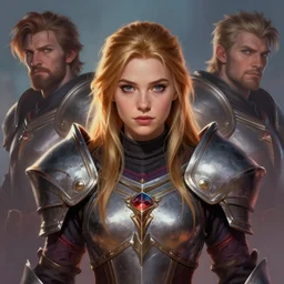 front facing symmetrical centered painted portrait, headshot of Imogen Poots as a D&D Paladin, RPG character avatar, Arcane League of Legends concept art, global illumination lighting, Pixar, trending on artstation, by lois van baarle, ilya kuvshinov, rossdraws