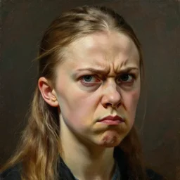 portrait of greta thunberg looking angry!!!!!!!!!!!!!!!!!!!!!!!!!!!, detailed face, detailed painting, epic lighting, by ilya repin, phil hale and kent williams
