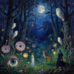 painterly dreamy Kupala Night in the blue forest with trees, giant eyes in the grass, giant flowers, glowing owls, deers, women, lianas, thistles, giant fantasy creatures, a stream and sky with moon and stars by Beksinski, Alex Grey, Aron Wiesenfeld and Giger dark fantasy, witcher, very detailed oil painting in the alla prima style, masterpiece, 8k