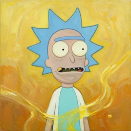 abstract oil matte portrait painting morty from ricky and morty infused and swimming in a golden liquid detailed faces, visible brushstrokes, smears of light, bright colors, flat style, limited palette, trending on artstation