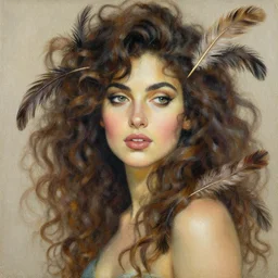 a painting of a beautiful woman with curly hair and feathers by aykut aydogdu