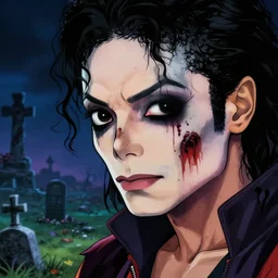 michael jackson!!!! realistic dramatic !big face angle close up concept art  of michael jackson thriller zombie as a dragon ball Z  character,dark eye sockets,  graveyard landscape at night , 4k anime character illustration by akira toriyama, artstation