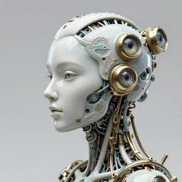 intricate 3 d render, hyper detailed, ultrasharp, beautiful biomechanical steampunk woman portrait with a porcelain profile face, futuristic haute couture, iris van herpin, headdress laser cut paper made of sponge corals, daisies, colorful mushrooms, jellyfish, puffballs, white red rhizomorphs, cyberpunk metallic brackets, octane highly render, 8 k, ultra hd
