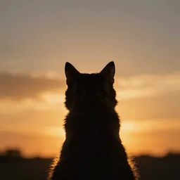 a stunning ultra detailed photo of a silhouette of the back of a furry cat watching a sunset by tom bagshaw and zach sutton, backlight, backview, 8 5 mm, golden hour hues, sunset sky, deep depth of field, artstation, 8 k, highly coherent