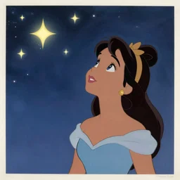 walt disney film cel ( 1 9 5 9 ), hispanic princess looking up dreamily at the stars, glen keane, 8 k