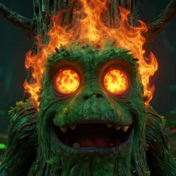 detailed rocky scene, a close up of a funny tree monster fire spirit, with detailed large fire glowing eyes, and flaming hair by maurice sendak, shaun tan made in hyperrealistic 3 d, octane render, dark green colours, sharp focus, 8 k, nighttime
