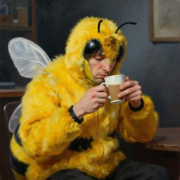 tired nightshift man in a bumblebee suit sips a coffee, highly detailed, masterpiece, oil on canvas