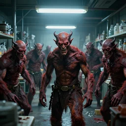 evil monsters being mass - produced in surreal sweatshop under fluorescent dominion, advanced, photorealistic, realistic, dramatic lighting, fantastic reality, by michelangelo, 8 k resolution