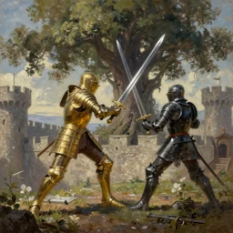 a painting of a great sword battle between a knight in golden armor and a knight in black armor, atop the castle walls, with a gigantic tree in the background. trending on artstation. landscape painting.