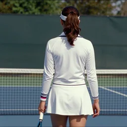 home video footage, view from behind, a woman in tennis wear ; tennis coat, summer, color vhs picture quality with mixed noise