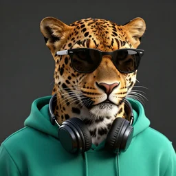 a photorealistic digital illustration of a leopard wearing black sunglasses and dressed in a teal green hoodie. headphones around his neck. hyper detailed. this 4 k hd image is trending on artstation, featured on behance, well - rendered, extra crisp, features intricate detail, epic composition and the style of unreal engine.