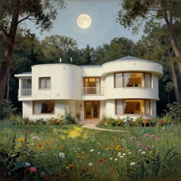 a modern mansion, 1 9 7 0 s, seventies, delicate embellishments, a little blood, woodland, moonlight shining on wildflowers, painterly, offset printing technique, by alexandre cabanel