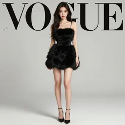 full body aesthetic full body digital illustration of a beautiful young woman in a furry little black dress, realistic, Vogue, magazine photography, photorealistic, deviantArt, trending on artstation, artstation HQ