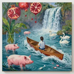 pathology student in her apartment, a river flooding inside, medical supplies, pigs, plants in glass vase, pork, water, river, rapids, canoe, pomegranate, berries dripping, waterfall, swans, flower petals, acrylic on canvas, surrealist, by magritte and monet