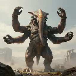 stunning concept art of a giant animal with 4 arms, it is the first of its kind. stunning masterpiece