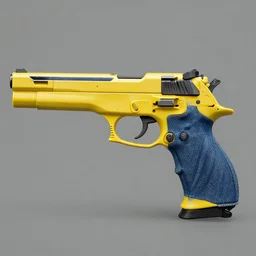 a 4 k photorealistic photo full shot of a yellow and blue gun denim.