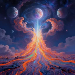a photorealistic detailed image of a beautiful vibrant iridescent lava like flowing clouds opening a gateway to intergalactic skies and alien planets, spiritual science, divinity, utopian, by david a. hardy, hana yata, kinkade, lisa frank,