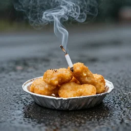 a chicken nugget smoking a cigarette in the rain