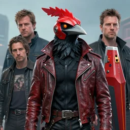 kon - dam red gunpla droid kenku. anthropomorphic black bird head. leather jacket, science fiction, portrait by donato giancola and greg rutkowski and wayne barlow. top all time r / imaginarycyberpunk.