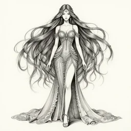 beautiful female figure, full body shot, long hair, fantasy, intricate, elegant, highly detailed, artstation, ink on paper, concept art, drawing by kim jung gi