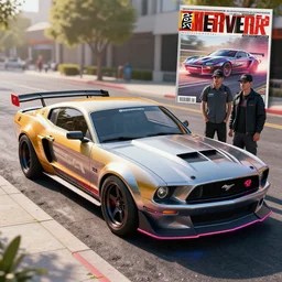 full view of mustang mach x speed racer car with original decals and colors, neon edges on bottom of body, parked on the side of the street with futuristic speed racer standing next to the car, hyper realistic, photo realistic details, intricate details, rhino rendered, sharp focus, glossy paint, sunny, dynamic lighting, 3 ds max rendered, masterpiece, featured on artstation, car & driver cover page photo feature, 8 k