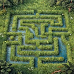 most beautiful titanium sanguine riddle, maze of earthly grass pond in the style of william blake, terese nielsen, detailed, intricate, steve argyle, pastoral fantastic reality