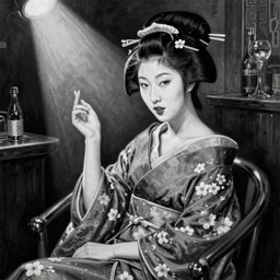highly detailed black and white realistic painting of a beautiful geisha with cherry blossom sitting on a chair, night club, harmony, beautiful face, rule of thirds, spotlight, hand gesture, expressive, passionate, by jenny saville, by greg rutkowski, by lucian freud, by jeremy mann, digital painting, charcoal