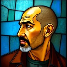 detailed portrait of gaunter o'dimm, profile view, side view, middle eastern man, 4 5 years old, brown coat, shaved head, slight stubble, stained glass art, by alphone mucha, very masterful, no artifacts