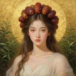 epic painting, full figure portrait of beautiful goddess with with sweet dried dates fruits, medjool dates, dried dates crown,, tea leaves background, golden glow background, drawing, photography by amy leibowitz, wlop, jeremy lipkin, beeple, intricate golden fractals, team leaves flying in the sky, symmetrical front portrait, artgerm