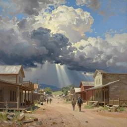 oil painting of american old west town, harbour, dramatic storm clouds, dusty street, sunrays, dramatic, very very very beautiful art, cinematic lighting, romanticism by goya, bright pastel color, blue sky