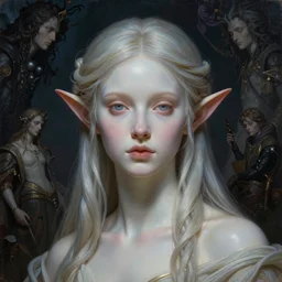 masterpiece painting of beautiful elven girl portrait by elena kukanova, jeff easley, background by james jean and zdizslaw beksinski, 8 k, epic, majestic, intricate artwork, volumetric lighting, porcelain skin, french nouveau, trending on artstation, behance