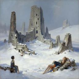 the ruins of an alien civilization, part buried in the snow. beautiful painting by artgerm and greg rutkowski and magali villanueve