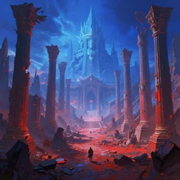 epic intrincated fantasy landscape, vibrant blue and red color scheme, atmospheric perspective, large destroyed giant colums, temple of the gods, pointy risks mountains, in the style of peter mohrbacher and greg rutkowski