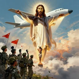 jesus christ intercepting an aircraft alongside the chinese military force, dramatic art