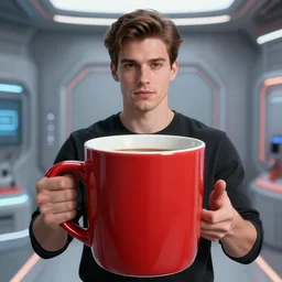 portrait of a red oversize ceramic mug of coffee in a futuristic setting, a young handsome italian man looking into the mug, 3 d photorealistic, parts by beksinski, parts by goro fujita, parts by yue minjun