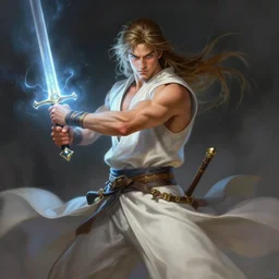 character concept portrait of Aaron Taylor Johnson as an adventurer holding a glowing rapier. Magic aura, fit, abs, robes, elegant, dynamic perspective, digital painting, concept art, smooth, sharp focus, illustration, from Metal Gear, by Ruan Jia and Mandy Jurgens and William-Adolphe Bouguereau, Artgerm