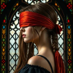 side - view portrait of a blindfolded woman, brown loose pigtails, red and orange blindfold, gothic stained glass window, masterful