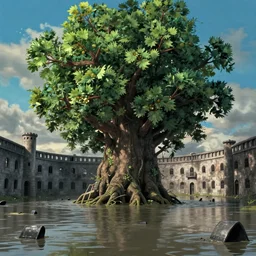 realistic close up still from howl's moving castle ( 2 0 0 4 ) of a giant tree in a flooded prison, hq, depth of field.
