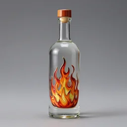 a photo of a vodka bottle with flame fire designs in an enameling technique, 5 0. 0 mm