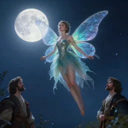 attractive fairy magically floating high in the night, fantasy, full moon in background. highly detailed painting by gaston bussiere, craig mullins, j. c. leyendecker, mid shot, 8 k realistic, cryengine, frostbite 3 engine, sharp focus